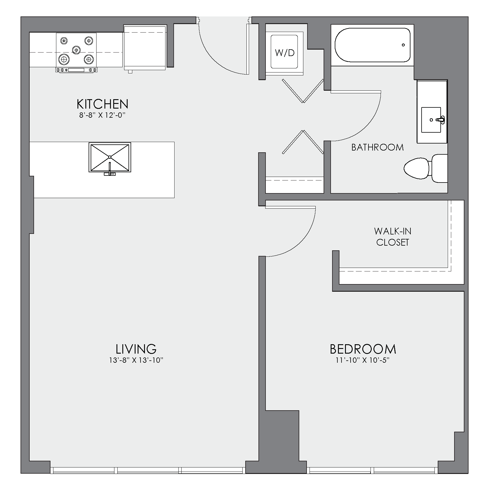 Floor plan for 1 bed, 1 bath, 659 sqft